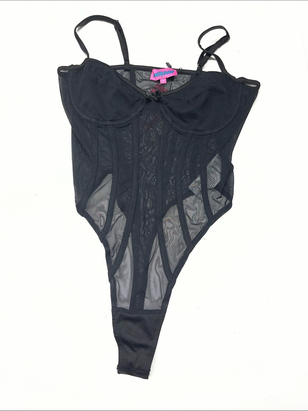 NEW Edikted Black Sheer Mesh Corset Style Bodysuit Women’s size Small